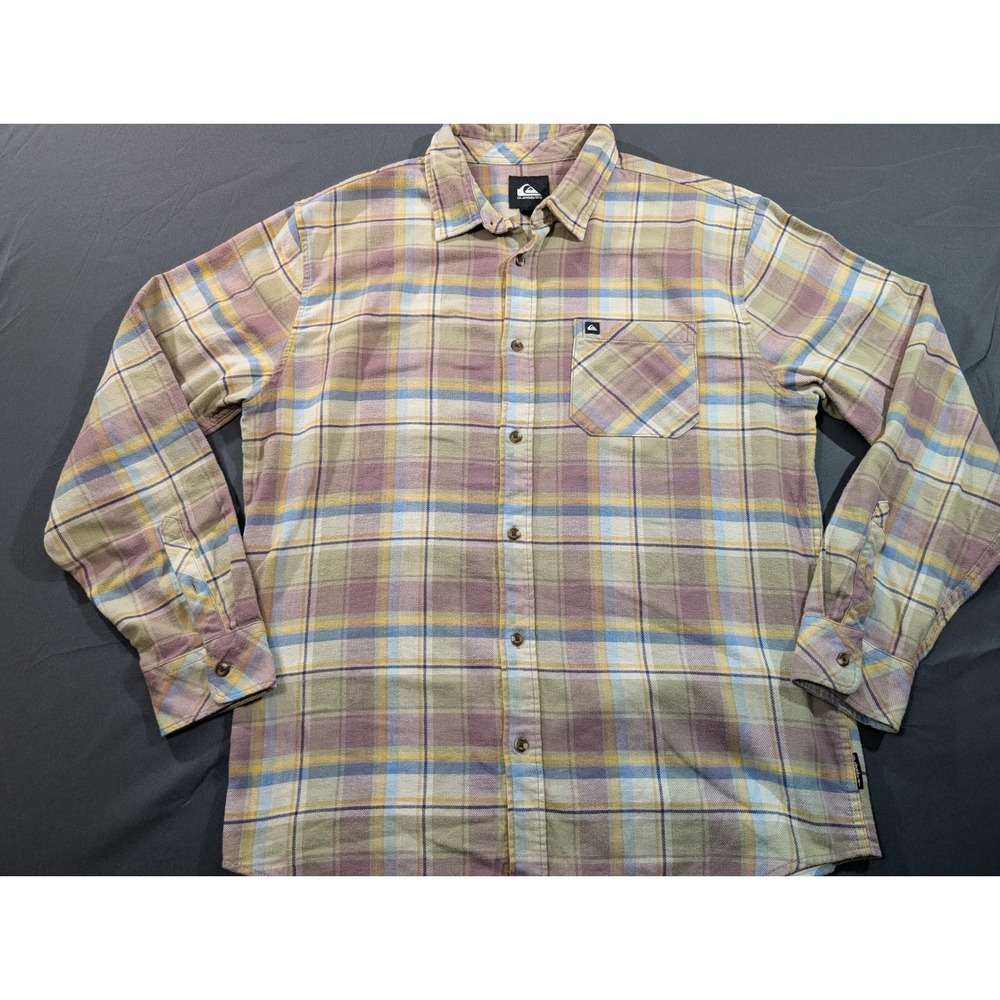 Quiksilver Mens Plaid Flannel Button Down Shirt Purple Yellow AQYWT03379 Large